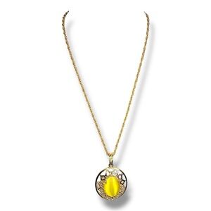 Vintage Pendant Necklace Ornate Design Gold Tone Faux Yellow Amber Center